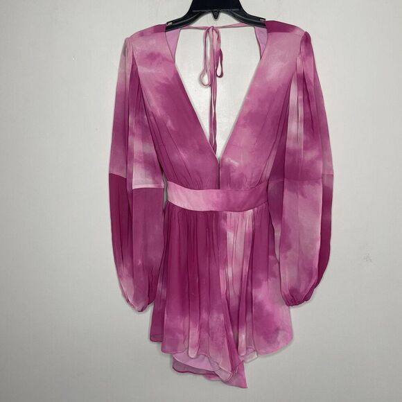 TOCCIN Romper Women 6 Pink Tie Dye Plunge Neckline Open Back Sheer Lined - Picture 2 of 12